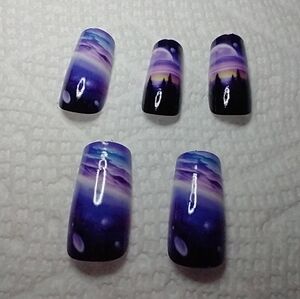 Press on nails purple black trees sunset nail set